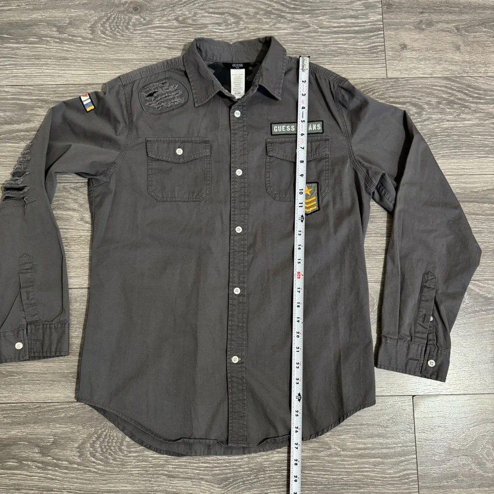 Guess Kids Gray Patched Casual Button Down Army Shirt Sturdy Fabric Sz XL Flawed